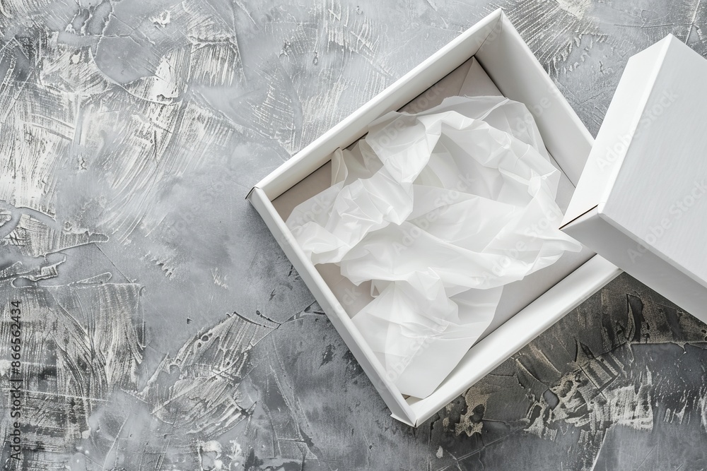 Poster a mockup of white square gift boxes with tissue wrapping paper and round labels on a gray concrete b