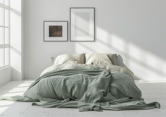 3D rendering of a poster mockup with two vertical frames on an empty white wall in a bedroom interior with a bed, green plaid, and plants.