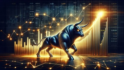 powerful bull symbolizing a bullish stock market, with dynamic, rising financial bar graphs behind it.