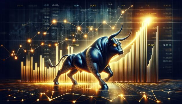 powerful bull symbolizing a bullish stock market, with dynamic, rising financial bar graphs behind it.