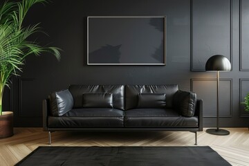 Leather sofa, black walls, and stock photos.