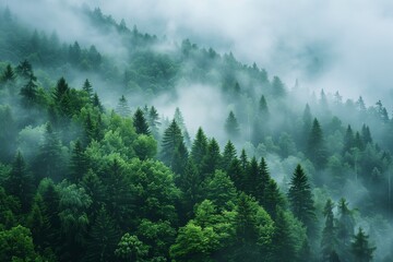 Green forest on a foggy day 
