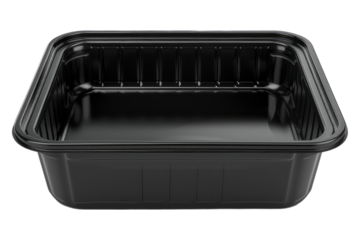 Black plastic food container isolated on transparent background