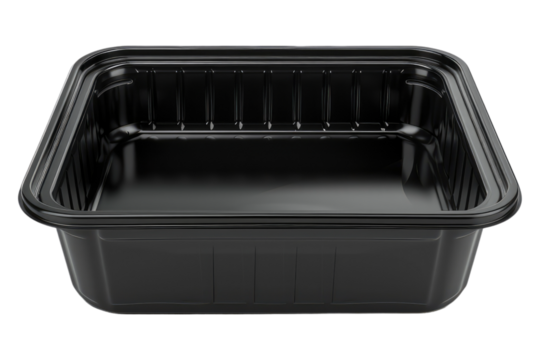 Black plastic food container isolated on transparent background