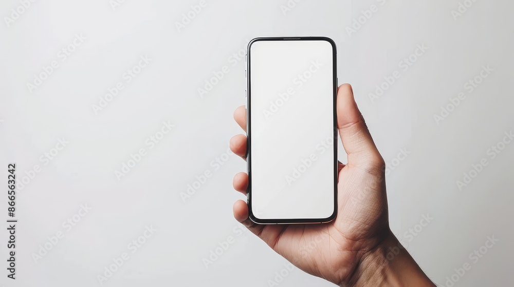 Poster mockup design prototype with a hand holding a mobile phone with a blank screen on a white background