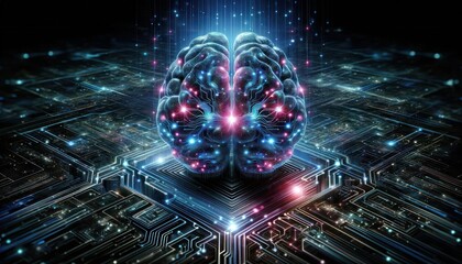 futuristic and more advanced conceptual digital brain with vibrant blue and pink lights indicating neural activity,