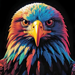 Close Up Multi Color Straight On Poster Art American Eagle on Black Background.