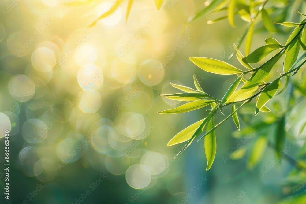 Poster green willow branch with tiny leaves in sunlight. abstract natural setting with blurred background. 