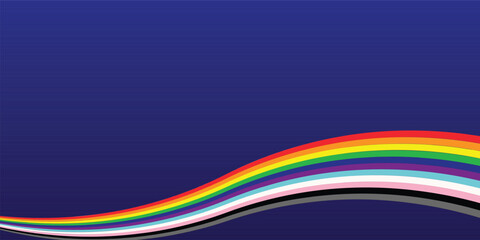 rainbow design banner with wavy stripes. Empty blue background with wavy rainbow