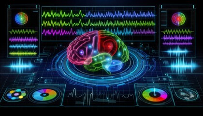 human brain as a digital 3D model, surrounded by futuristic, neon-colored data analysis