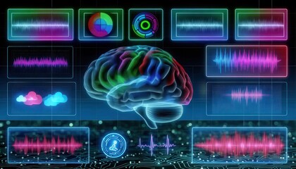 human brain as a digital 3D model, surrounded by futuristic, neon-colored data analysis