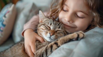 children holding cute cat on couch in living room at home, Adorable domestic pet concept