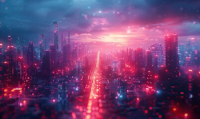 Futuristic cityscape bathed in neon lights, no names or depictions of events, science and technology background.