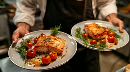 A photo shows an elegant chef carrying two plates with fried salmon fillets, tomatoes and dill arranged on them in the restaurant during the evening time. The food is beautifully arranged and decorate
