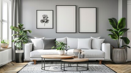 Mockup of a modern living room in the Scandinavian style with blank poster frames