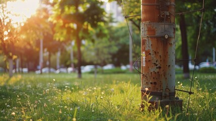 Fototapeta premium Metal base of electric pole in urban park with copy space front view