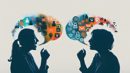  two people engaged in a lively conversation, with speech bubbles filled with symbols and words representing various communication styles, from direct to indirect, assertive to passive