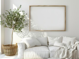A vertical poster mockup with a wooden frame on the floor in a traditional living room interior with a sofa and olive tree in a wicker basket against an empty wall background.
