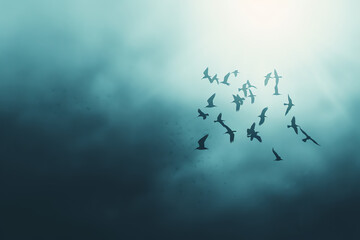 Fototapeta premium Birds flying for freedom, copy space, bright tones, double exposure silhouette with clouds