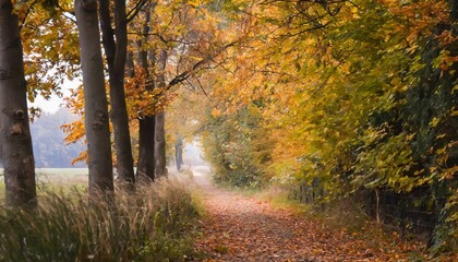 Obraz premium Stroll through a golden autumn forest alley illuminated by fireflies and fallen leaves