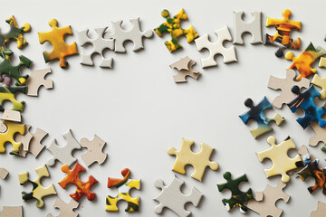 Obraz premium jigsaw pieces on white, A wide banner featuring disassembled puzzle pieces scattered across the frame, leaving a central blank space