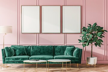 This is a 3D rendering of a room with Scandinavian furniture made out of wood frames