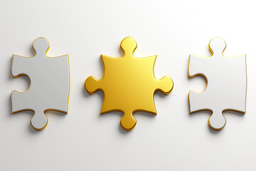 golden puzzle pieces, A wide banner featuring three puzzle pieces one striking golden piece positioned prominently alongside two sleek white pieces, all set against a clean white background