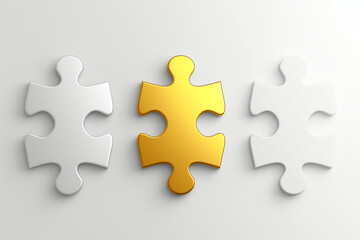 Obraz premium 3d puzzle pieces, A wide banner featuring three puzzle pieces one striking golden piece positioned prominently alongside two sleek white pieces, all set against a clean white background
