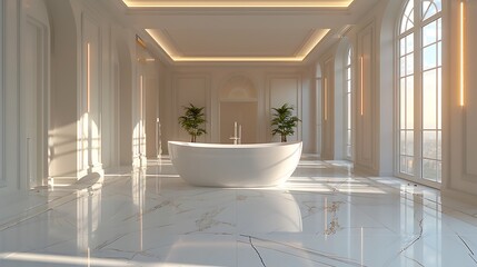Luxurious minimalist bathroom featuring a white bathtub, marble floors, and skylight illumination. The design creates a serene and elegant atmosphere with modern luxury and clean lines