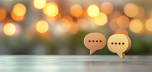 Two wooden speech bubble icon against bokeh light background. Concept for discussion or conversation representation that can be used as background.