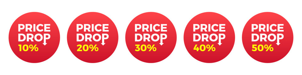 Price drop sale sticker set. 10, 20, 30, 40, 50 percent. Red and yellow