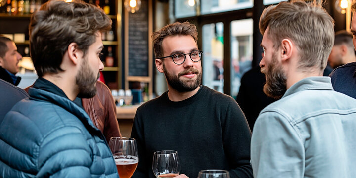Friends social gathering at pub. A group of young men enjoying drinks together. Casual meetup at bar.
