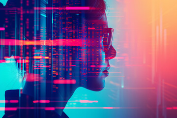 Scientist gaining insights from data, close up, focus on, vibrant colors, double exposure silhouette with digital graphs