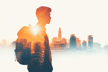 Student carrying a backpack, copy space, bright tones, double exposure silhouette with school building
