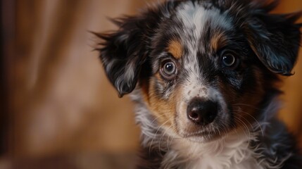 A small dog with brown and white fur is looking at the camera