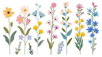 Collection of spring colorful flower elements vector. Set floral of wildflower, leaf branch, foliage on white background. Hand drawn blossom illustration for decor, easter. Generative Ai