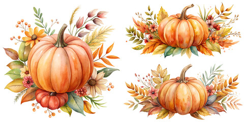 Watercolor autumn pumpkin clipart with fall floral leaves transparent background PNG file