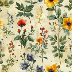 watercolor Vintage Botanical Illustrations on rustic vintage background, minimal pattern, high contrasty 