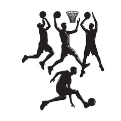 Black silhouettes of a basketball player on a white background, Basketball Silhouette Vector Image and Illustration