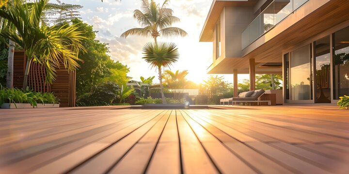 Lowangle view of modern home with ipe wood decking and tropical terrace. Concept Home design, Tropical architecture, Ipe wood decking, Low-angle view, Outdoor living
