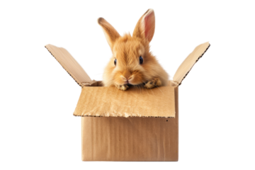 Cute rabbit peeking out of a box isolated on transparent background
