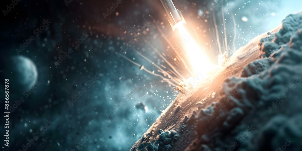 Poster close call rocket's dramatic space rescue from exploding planet amid cosmic background. concept sci-