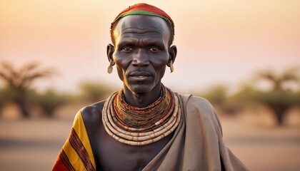 Portrait of Turkana man in traditional clothes, copy space for text