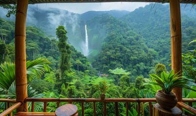 Fototapeta premium A stunning view of a lush rainforest canopy with a distant waterfall, viewed from a balcony of an eco-lodge