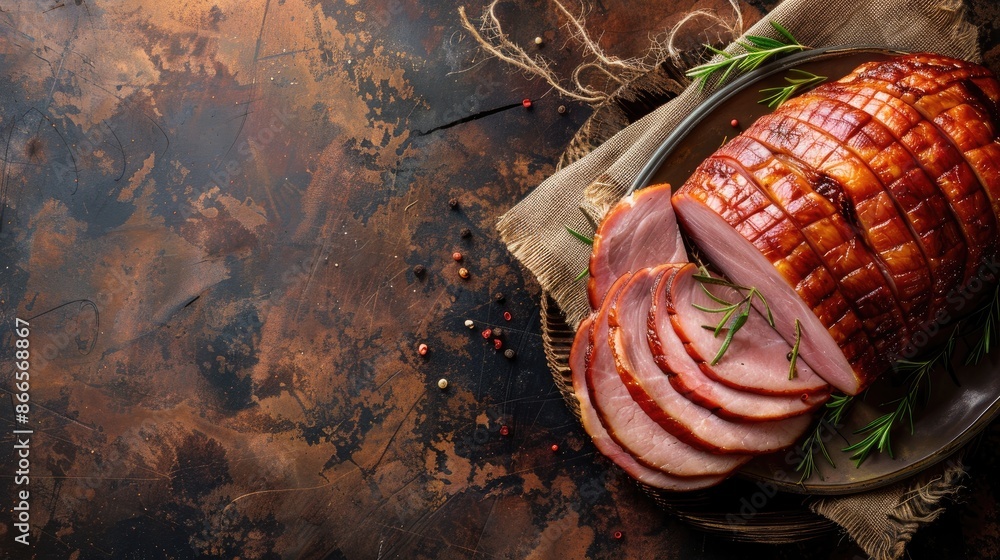 Poster sliced ham on rustic table with copy space top view