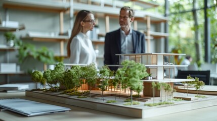 Architects discussing scale model of modern building