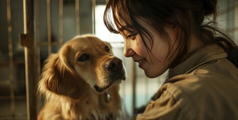 Woman and dog bonding in animal shelter
