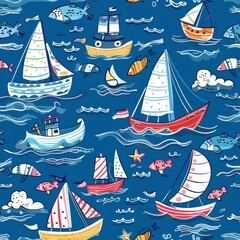 Hand-drawn illustration with a seamless sailboat pattern. A colorful childish print.