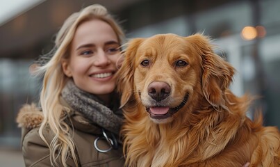 A veterinarian gently pets a golden retriever in a trusting and friendly manner at a pet hospital.