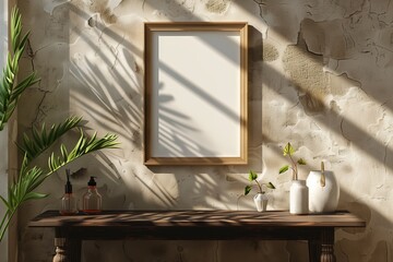 Gallery room interior with drawer table and decorative mockup frame with green plants and play of light